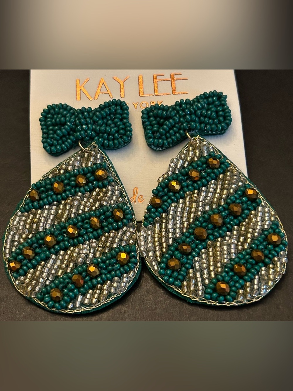 Kay Lee Handcrafted Teal, Gold & Silver Beaded Boho Design Teardrop Earrings